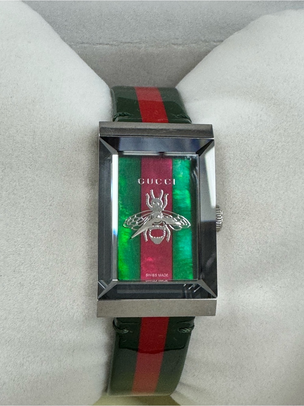Gucci Green and Red Stripe Bee Motif Rectangular Men's Watch
